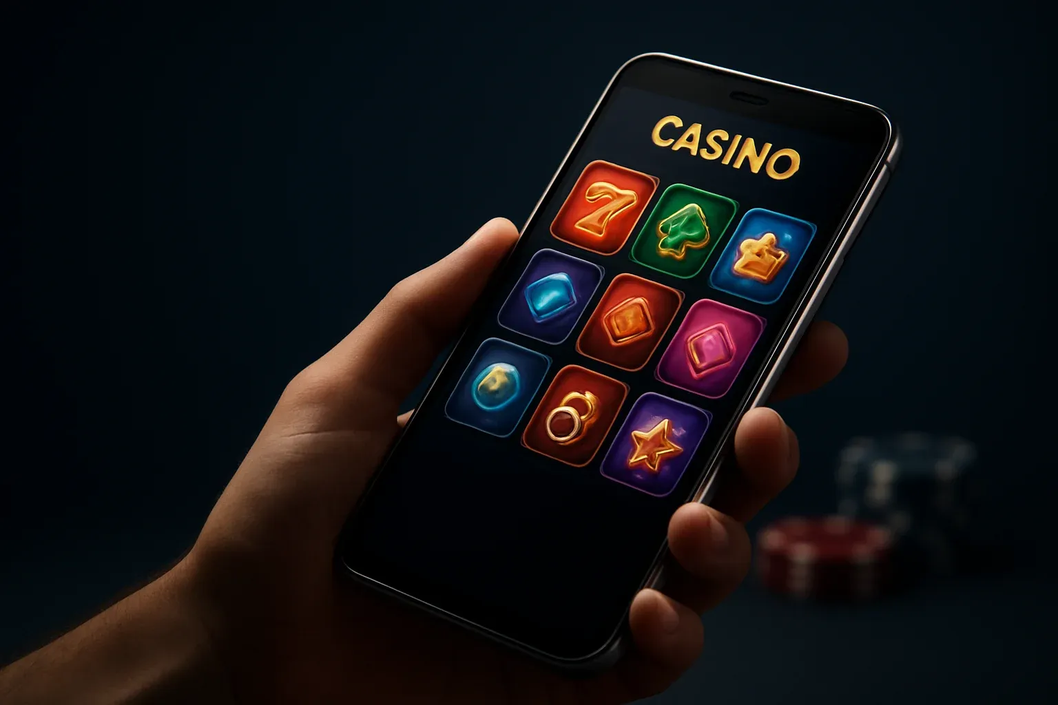Hyperrealistic Android smartphone showing premium casino app interface, dramatic lighting