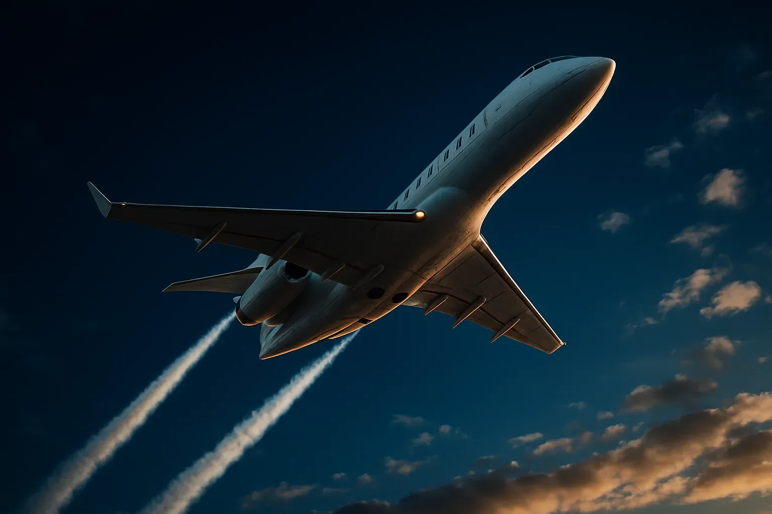 Hyperrealistic white jet climbing steeply in deep blue sky with trails