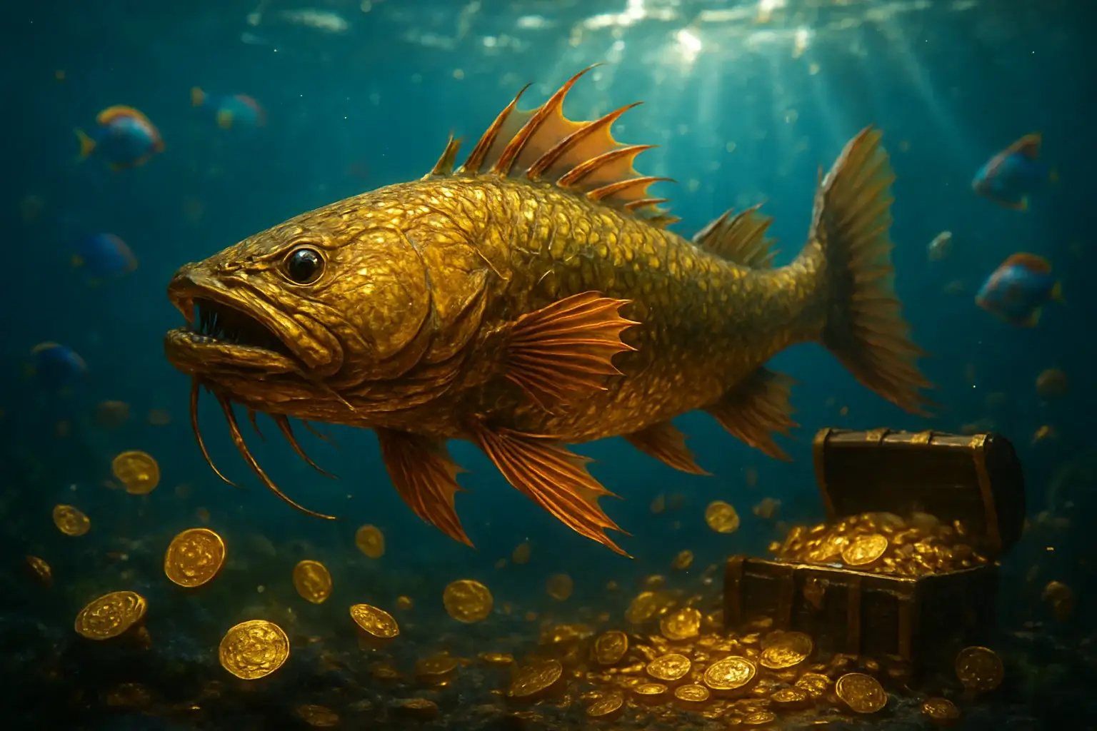Hyperrealistic underwater golden dragon fish surrounded by glowing coins and treasure