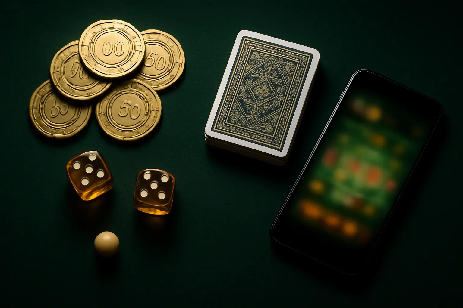 Top-down casino table with golden chips, cards, dice, roulette ball, smartphone