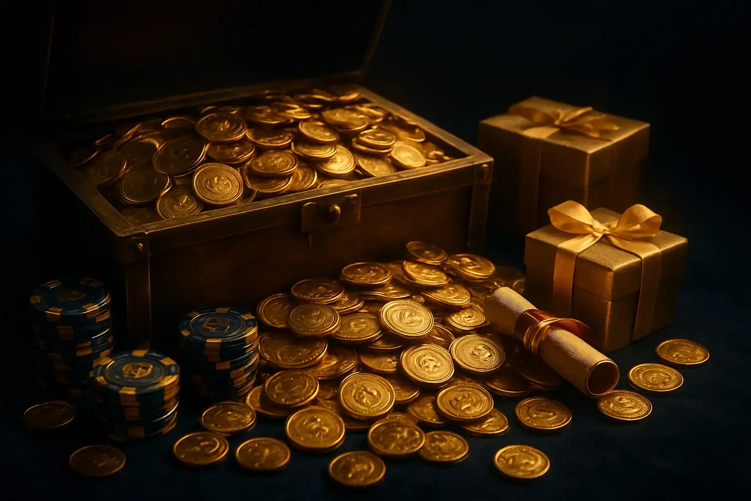 Overflowing treasure chest with gold coins, casino chips, vouchers, and gift boxes