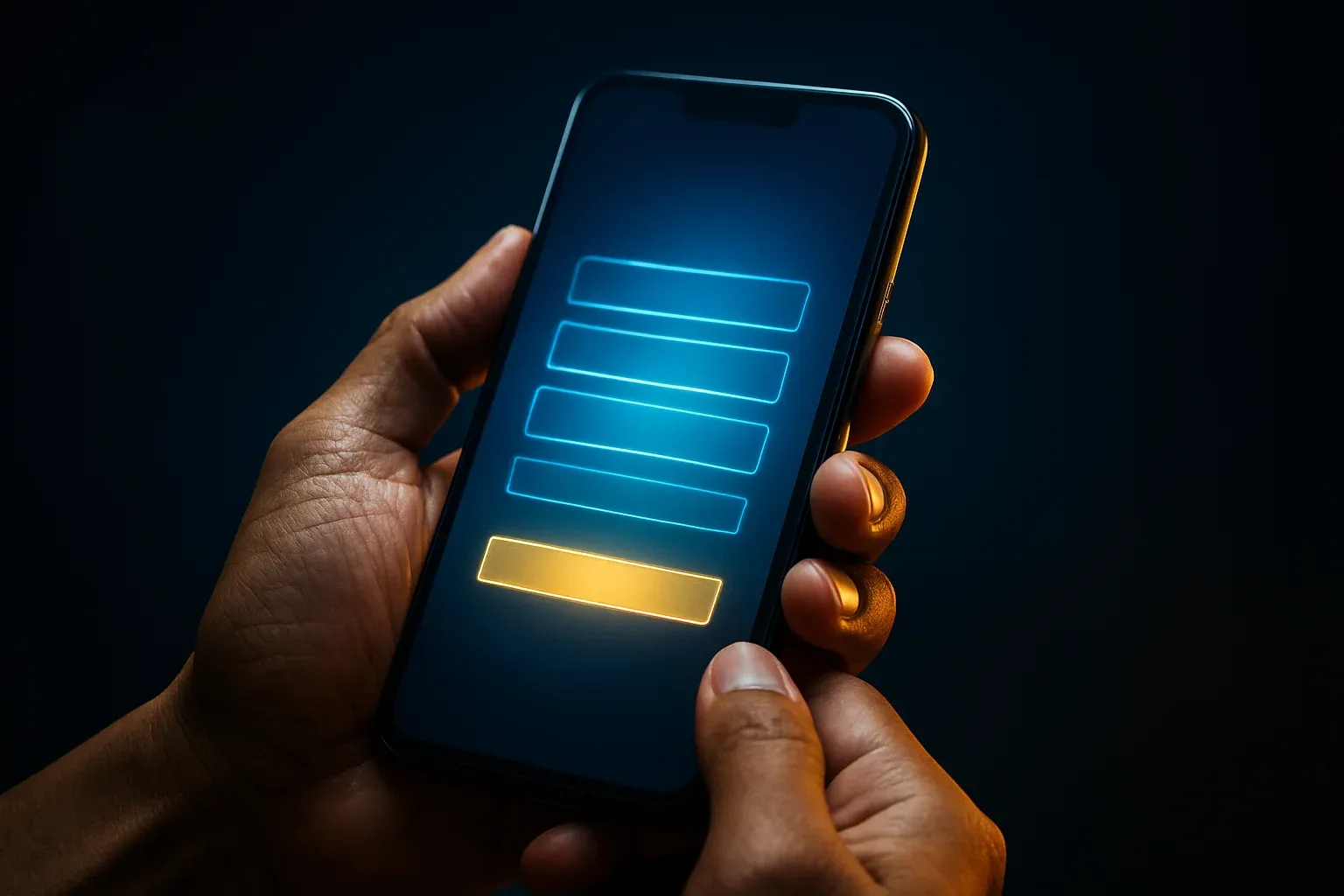 Filipino man hands holding smartphone with blurred registration screen, blue gold glow