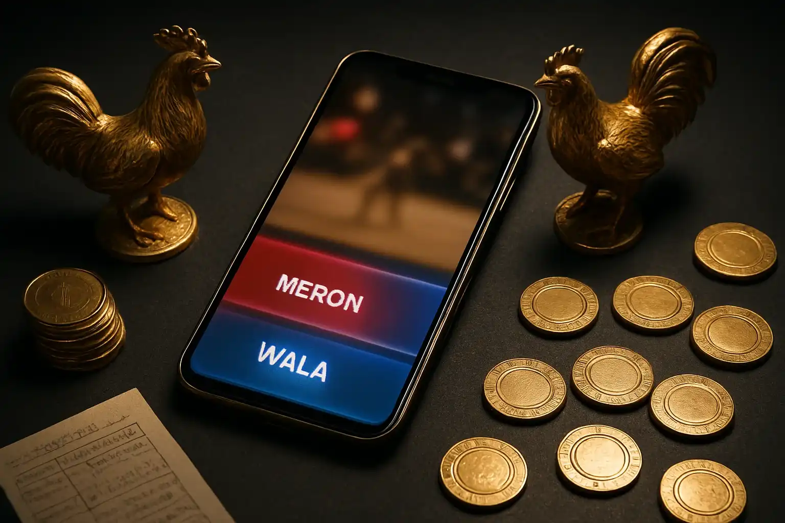 Smartphone sabong betting interface with golden roosters, peso coins, and casino chips