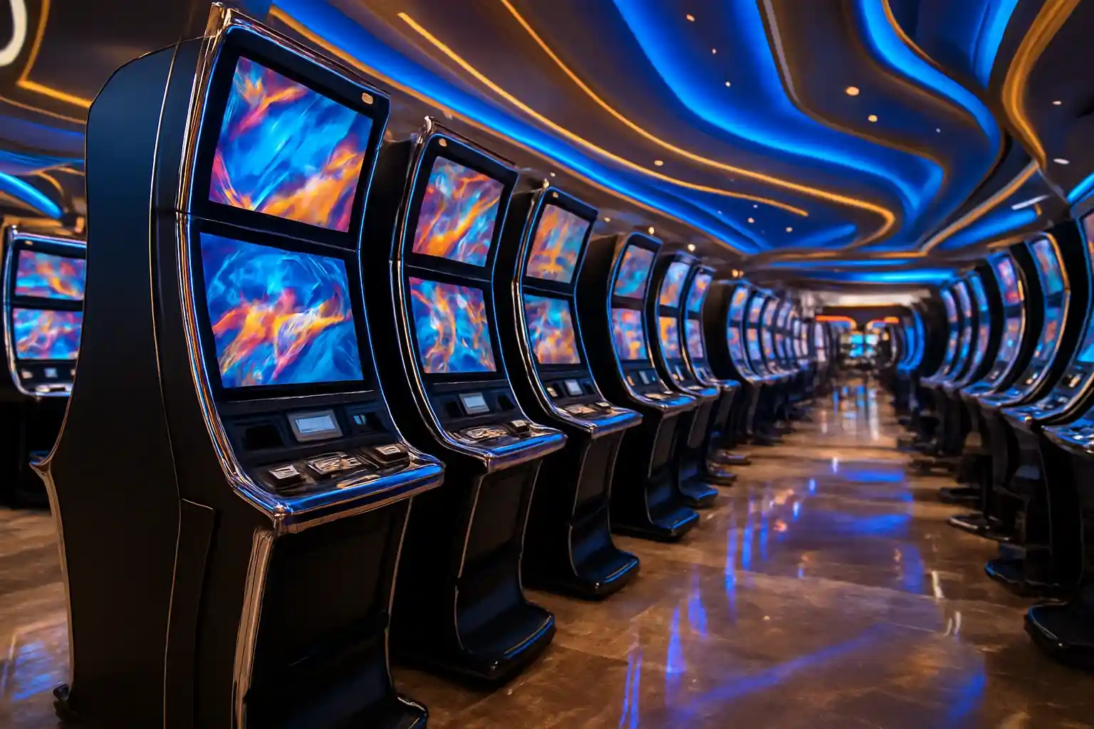 Hyperrealistic wide shot of Manila casino slots floor with blue gold lighting