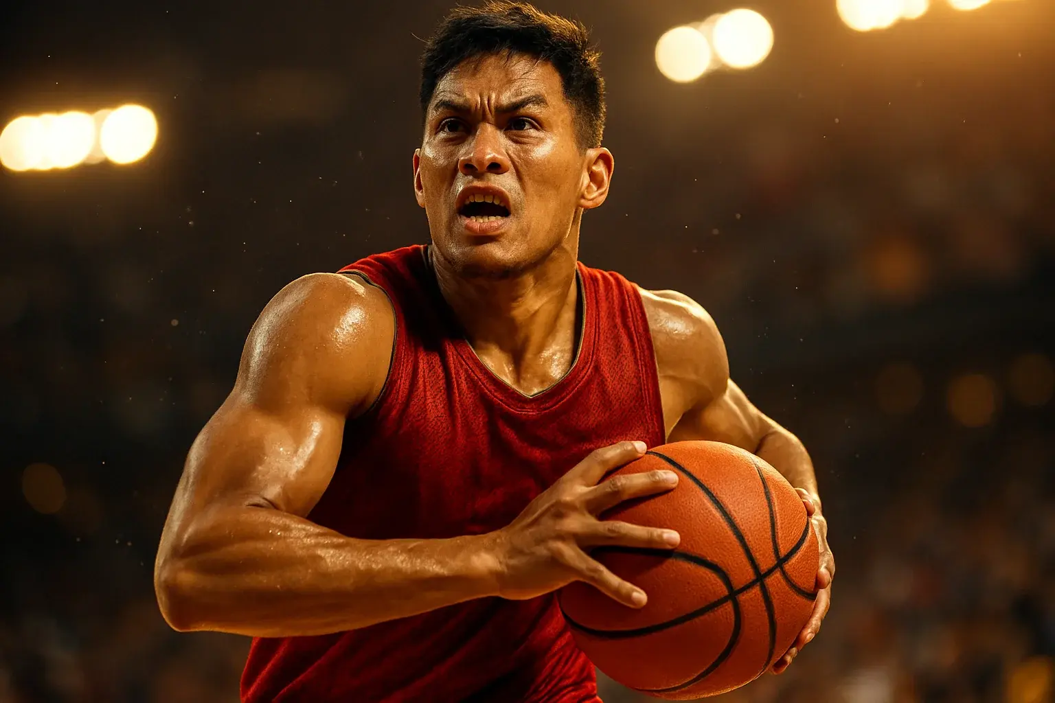 Filipino PBA basketball player mid-air power drive, ball pressed to chest